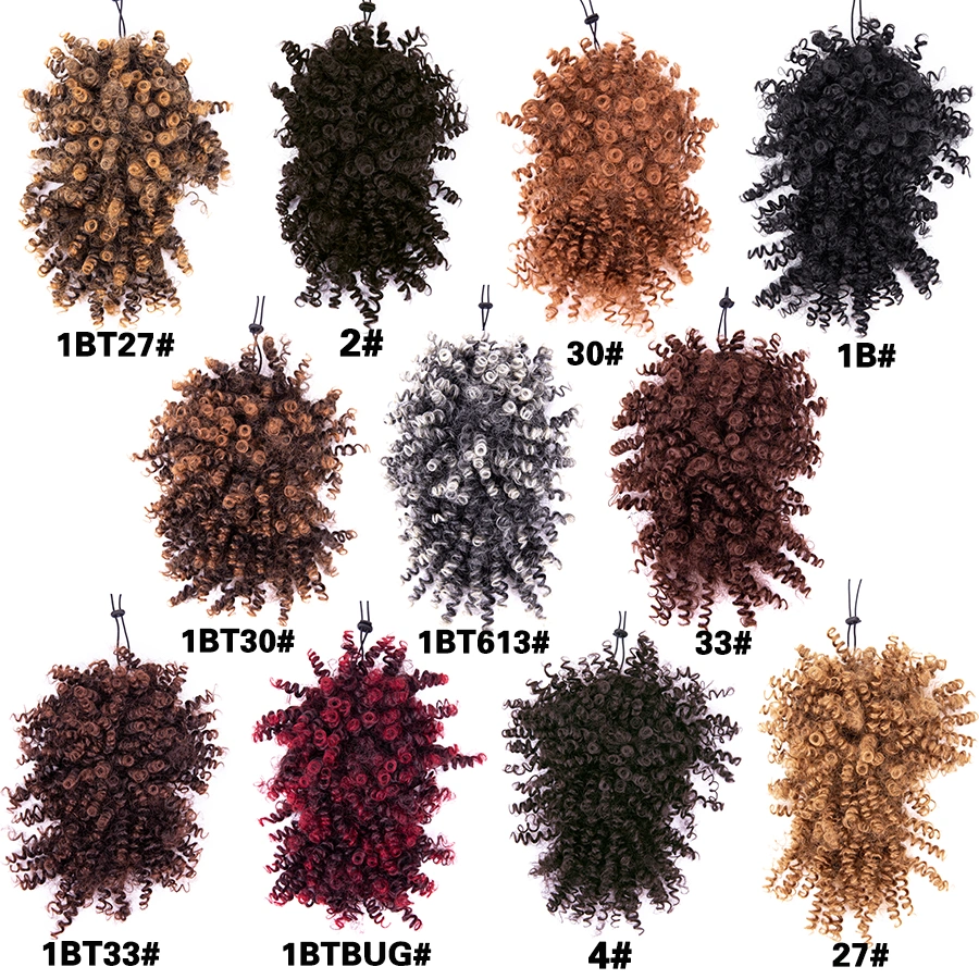 High Quality Xuchang Hair Factory Supply Clip in up-Do Hairpiece Drawstring Afro Puff Ponytail Extensions Short Curly Puff Ponytail Bun with Bangs